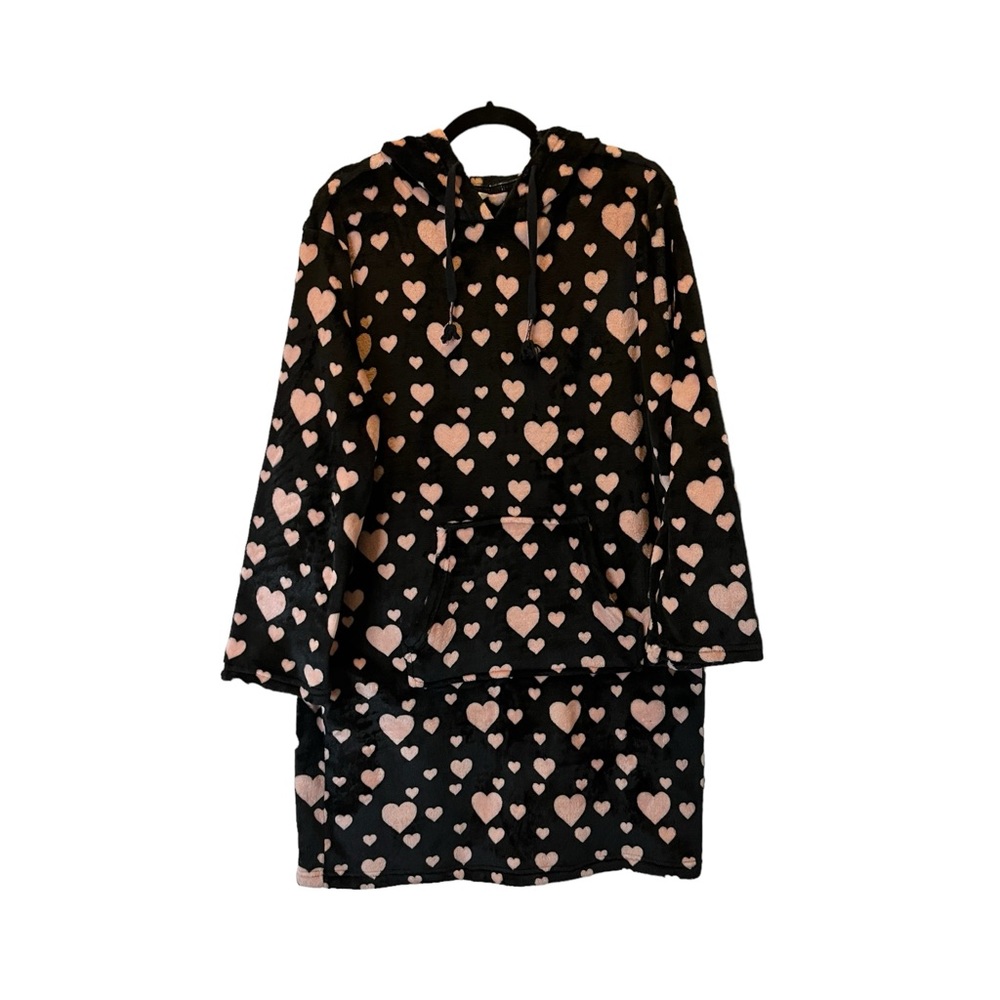 Wildfox Plush Hooded Lounger Black Pink Hearts Print Long Sleeves Women Size S/M